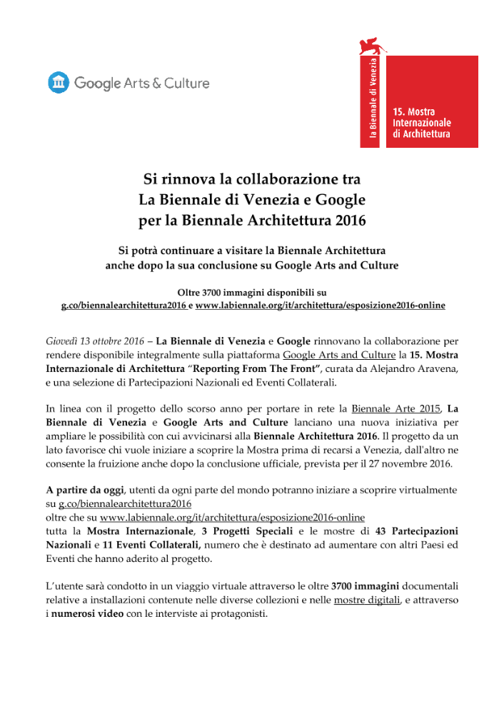 La Biennale di Venezia and Google renew their Collaboration for Biennale Architettura 2016