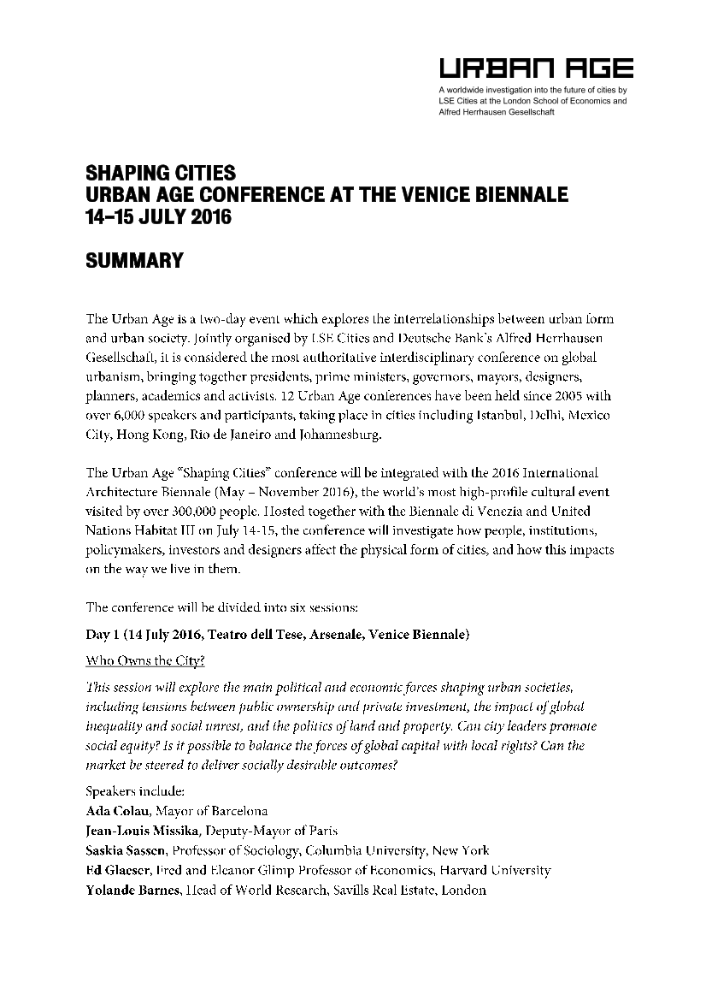 《SHAPING CITIES URBAN AGE CONFERENCE AT THE VENICE BIENNALE》 소개자료