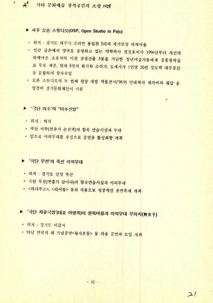 1999년 9월 2일 양평 문화예술 창작 활성화 사업 개발을 위한 회의 문서