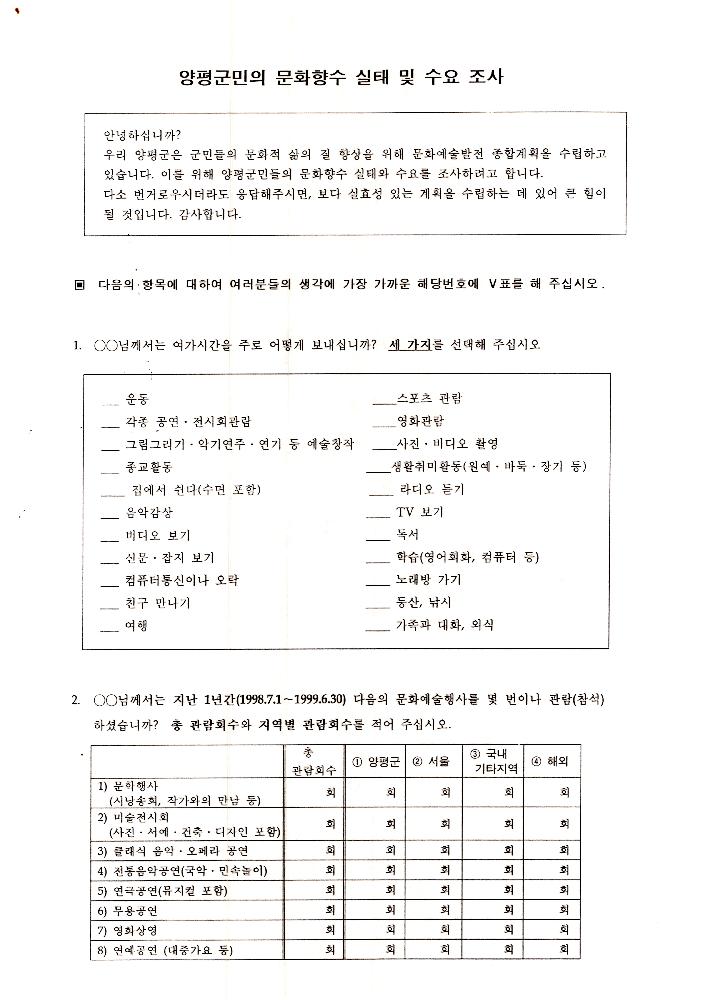 1999년 9월 6일 양평군 문화예술 관련 조사자료