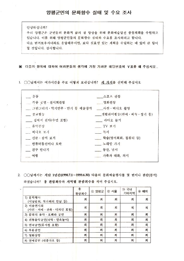 1999년 9월 6일 양평군 문화예술 관련 조사자료