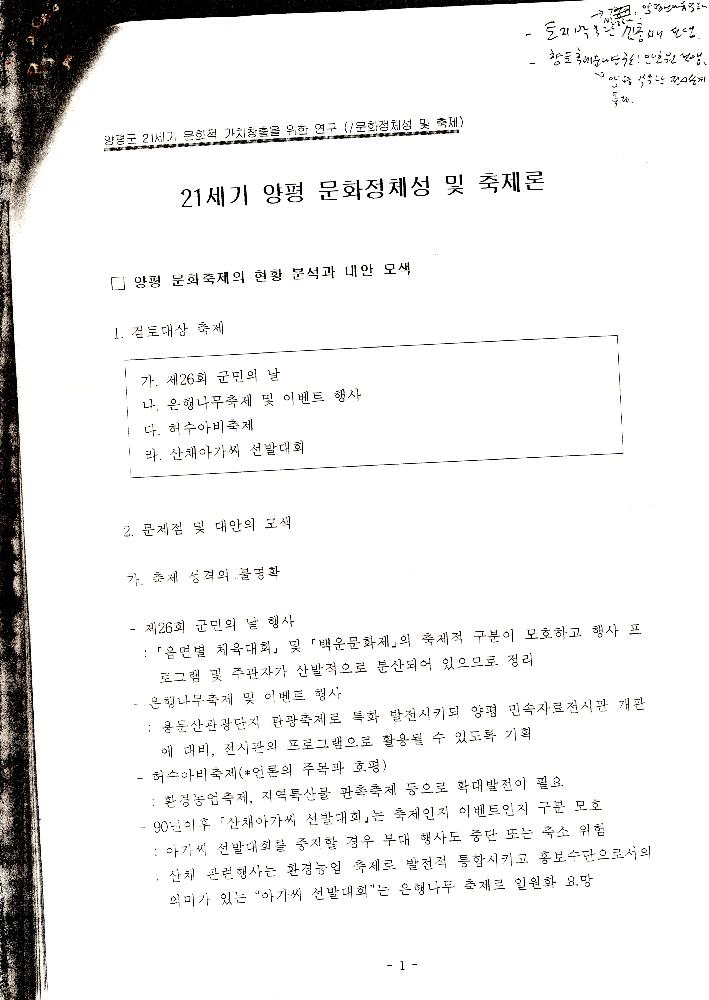 1999년 8월 「양평군 21세기 문화적 가치창출을 위한 연구 : 21세기 양평 문화정체성 및 축제론」 1