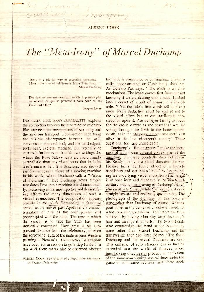 「The 'Meta-Irony' of Marcel Duchamp」 『The Journal of Aesthetics and Art Criticism : 1986, Spring』 1