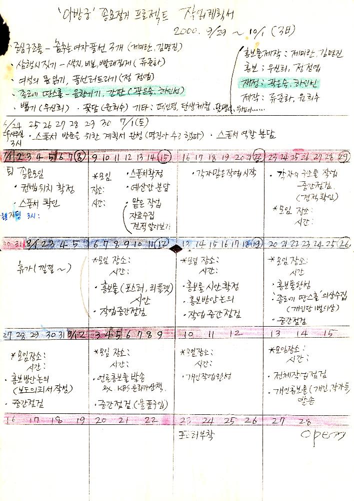 2000년 '입김' 《아방궁 종묘 점거 프로젝트》 작업계획서 메모 1