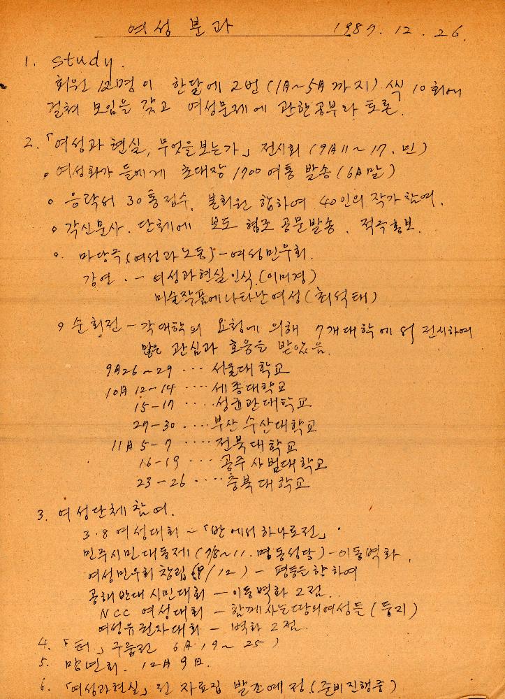 1987년 12월 26일 민미협 산하 여성분과의 연간 활동결산 메모 1