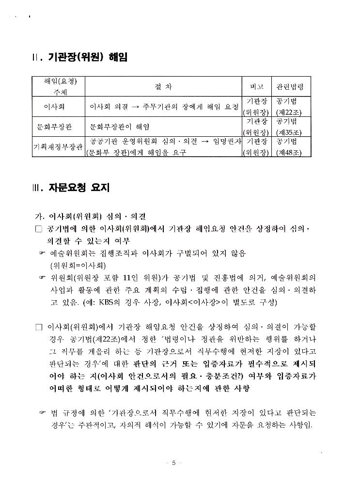 한국문화예술위원회 위원장 해임 관련 문서