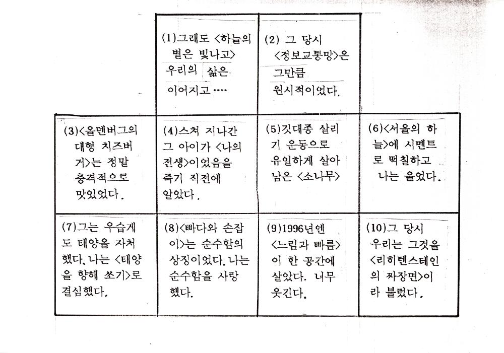 10개의 글귀가 적혀진 표 1