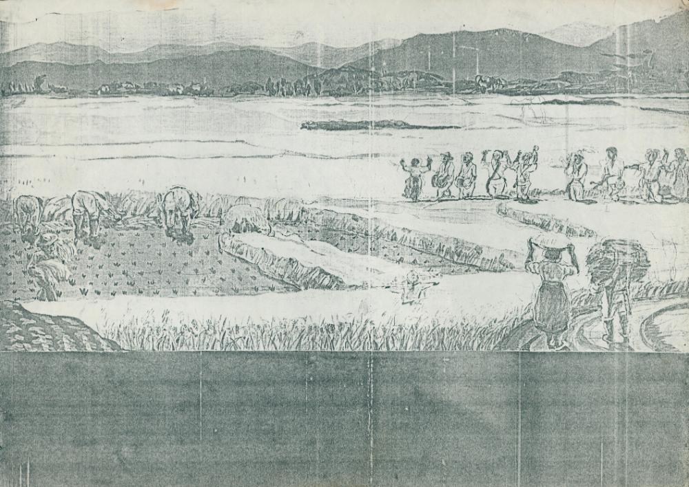 [1985_갈색_공주교도소_벽화_ 스크랩(카피본)_ 추수하는 사람과 사물놀이] 드로잉 1