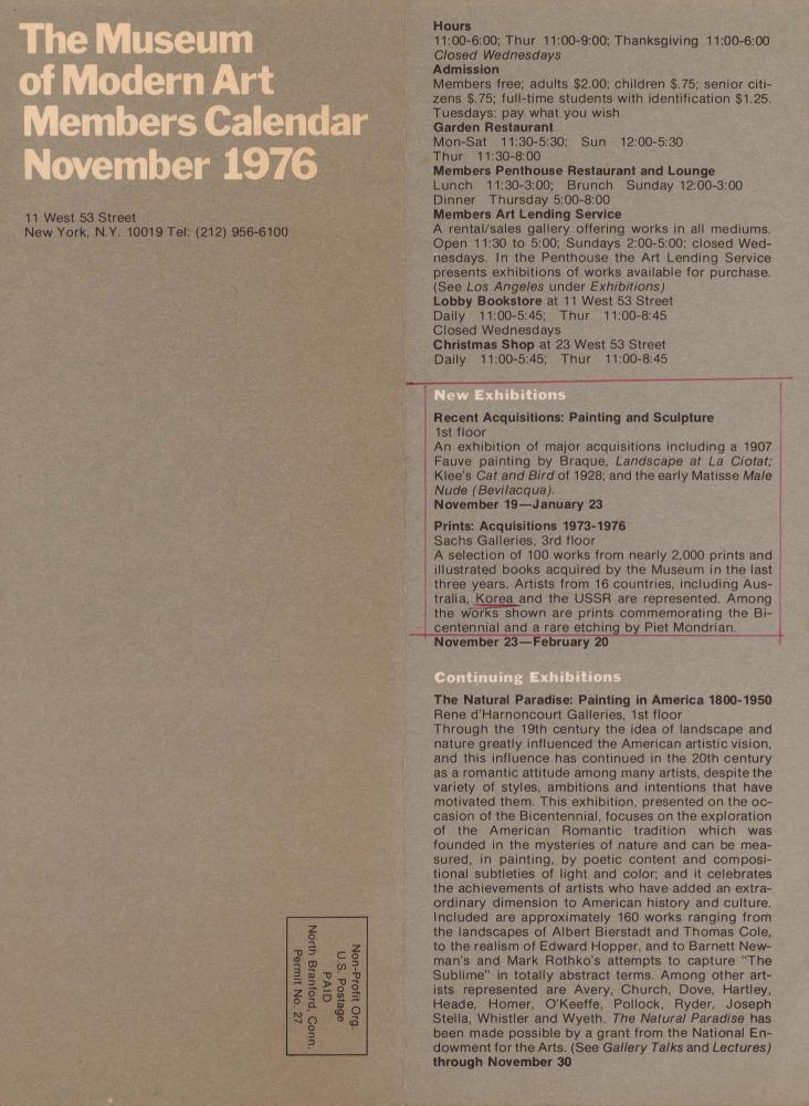 1976년 11월 미국 뉴욕 현대미술관 회원 캘린더 리플릿 1