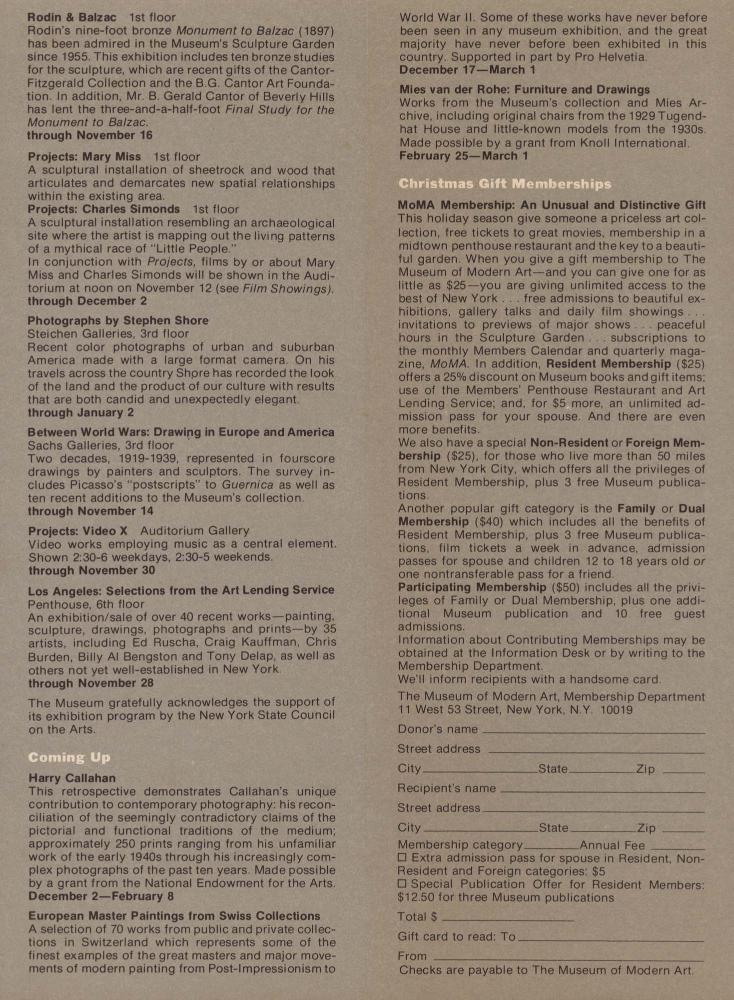 1976년 11월 미국 뉴욕 현대미술관 회원 캘린더 리플릿 2