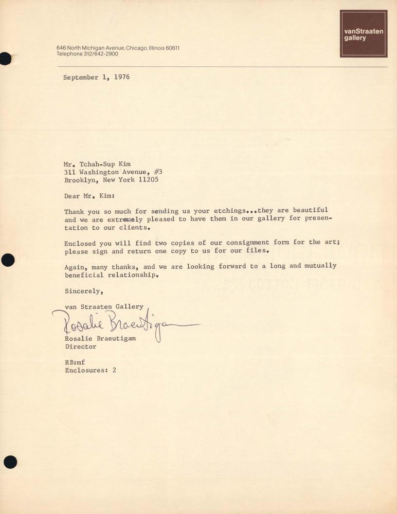 1976년 vanStraaten Gallery에서 김차섭에게 보낸 감사의 서신 1