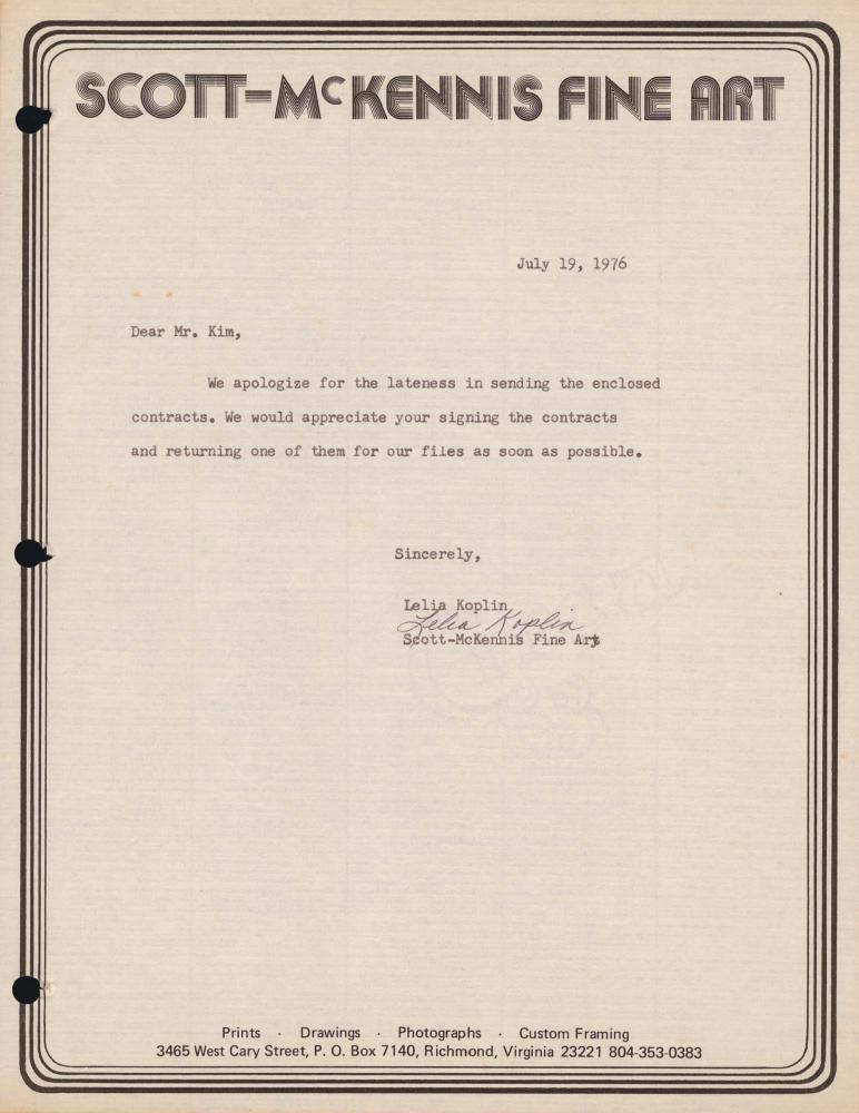 1976년 Scott-McKennis Fine Art에서 김차섭에게 보낸 서신 1