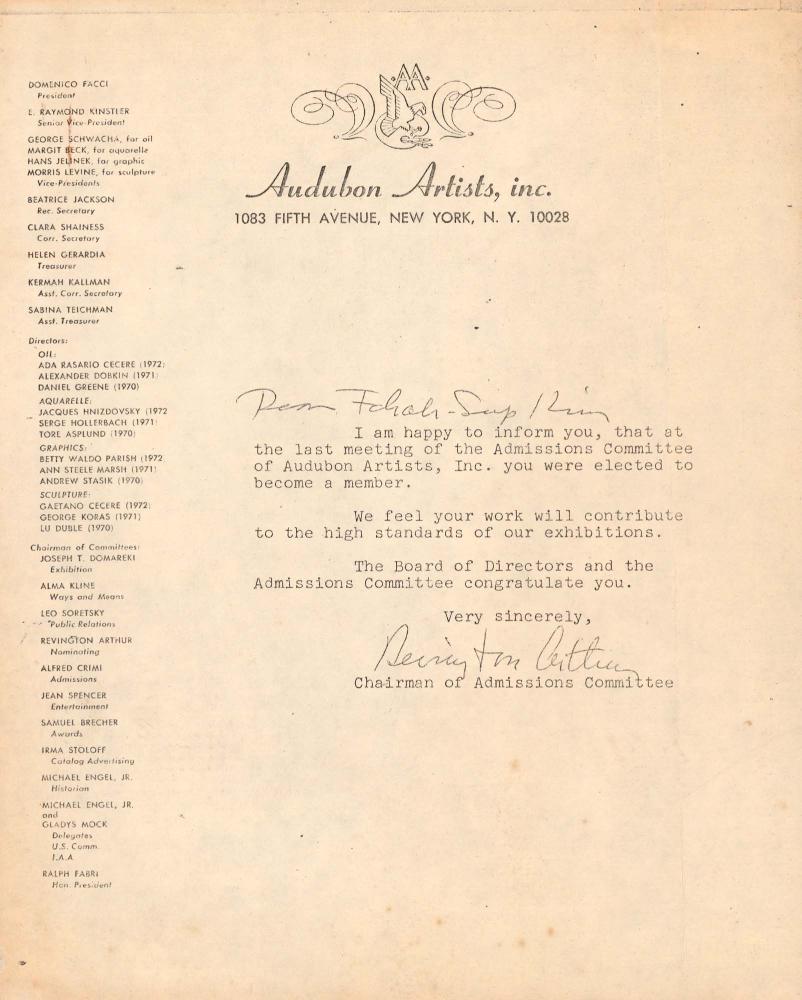 Audubon Artists, inc.가 김차섭에게 보낸 서신 1