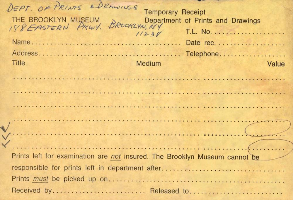 Brooklyn Museum에서 발행한 임시 작품 구매 영수증 1