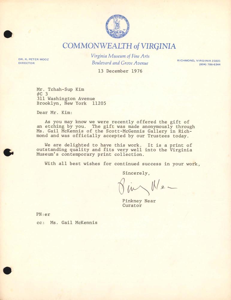1976년 12월 14일  Virginia Museum of Fine Arts 큐레이터 Pinkney Near가 이 김차섭에게 보낸 서신 1