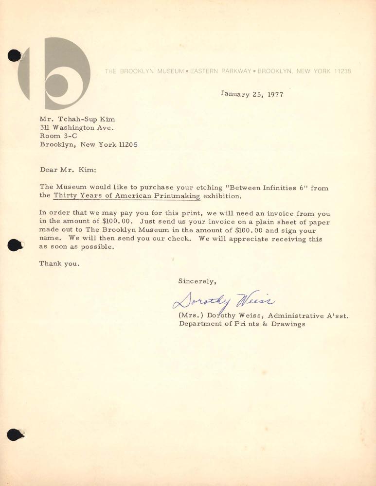 1977년 1월 25일 Brooklyn Museum의 Dorothy Weiss가 김차섭에게 보낸 서신 1