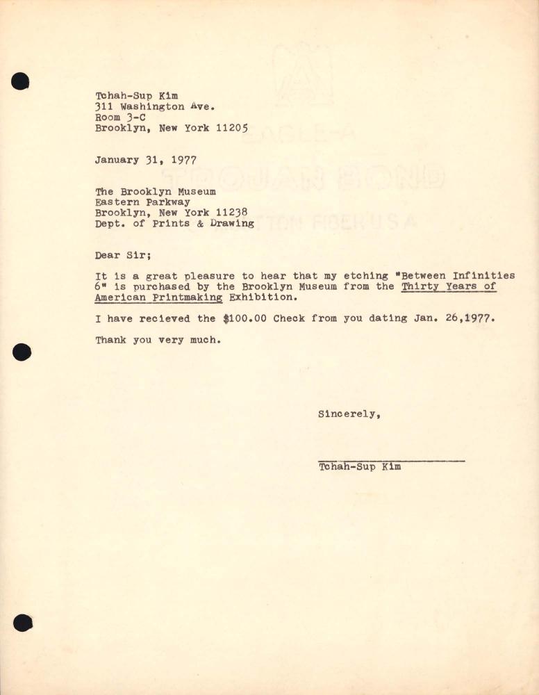1977년 1월 31일 김차섭이 Brooklyn Museum에 보낸 서신