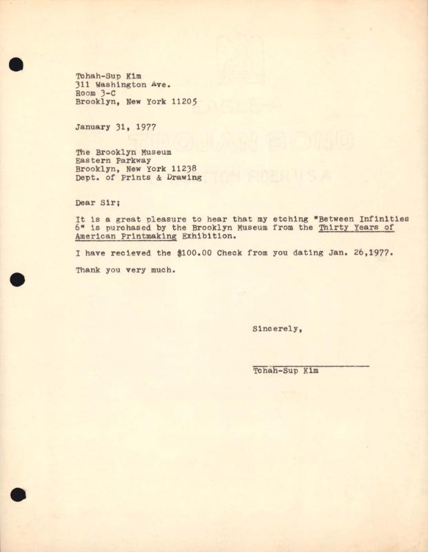 1977년 1월 31일 김차섭이 Brooklyn Museum에 보낸 서신