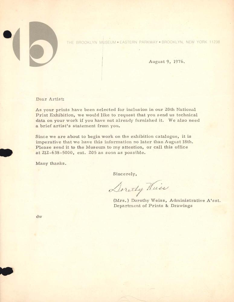 1976년 8월 9일 Brooklyn Museum의 Dorothy Weiss가 김차섭에게 보낸 서신 2