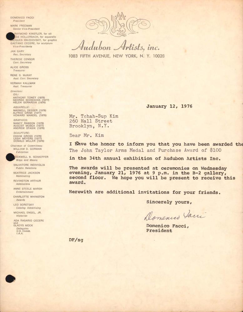 1976년 1월 12일 Audubon Artists, inc.의 Domenico Facci가 김차섭에게 보낸 서신