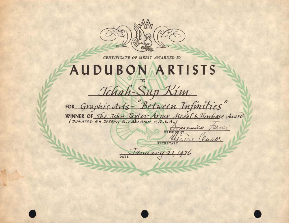 1976년 1월 21일 Audubon Artists inc.에서 김차섭에게 수여한 상장
