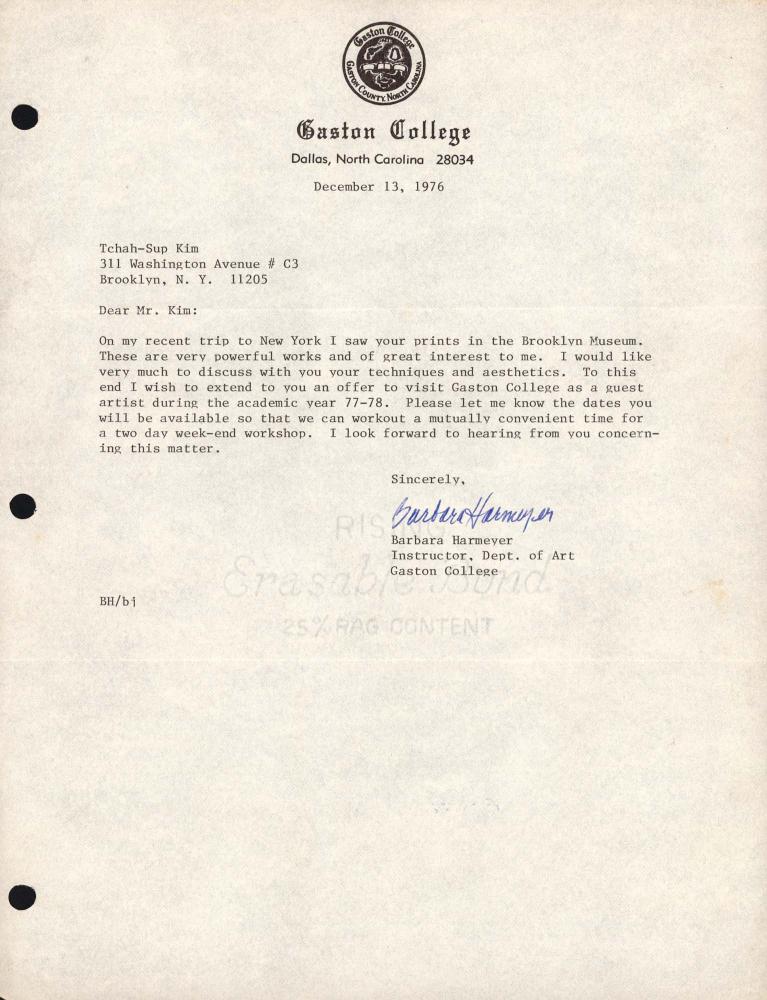 1976년 12월 13일 Gaston College의 강사 Barbara Harmeyer가 김차섭에게 보낸 서신 1