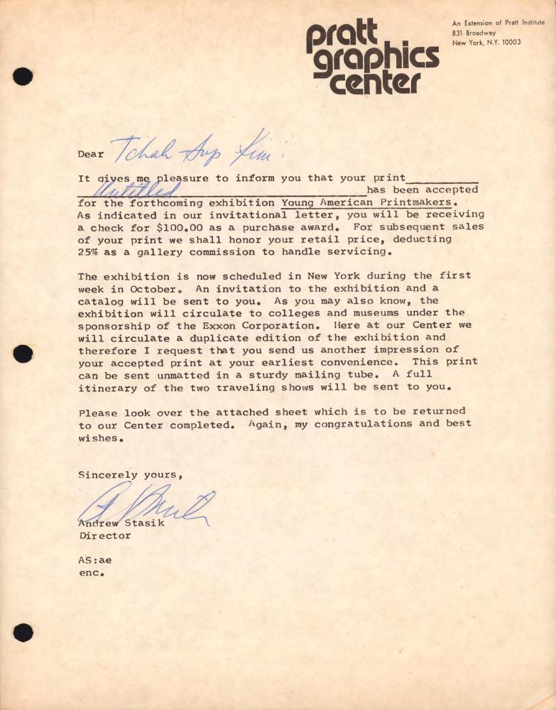 pratt graphics center의 관장 Andrew Stasik이 김차섭에게 보낸 서신 1