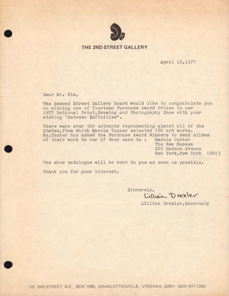 1977년 4월 12일 The 2nd Street Gallery의 Lillian Drexler가 김차섭에게 보낸 서신 1