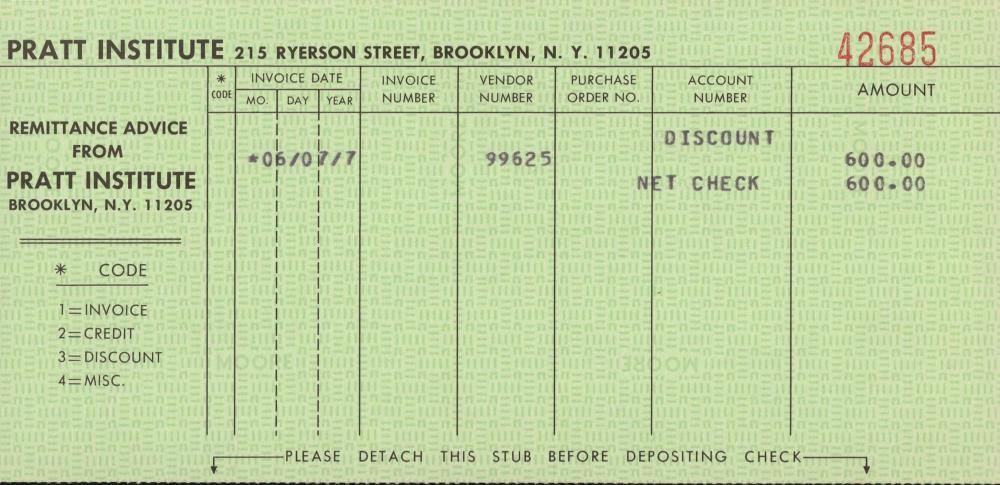 1977년 6월 7일 PRATT INSTITUTE가 김차섭에게 발행한 수표 지급명세서 1