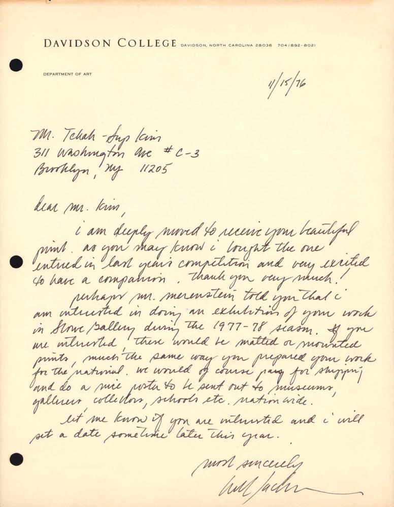 1976년 11월 15일 Davisdson College의 Will Jackson이 김차섭에게 보낸 서신 1