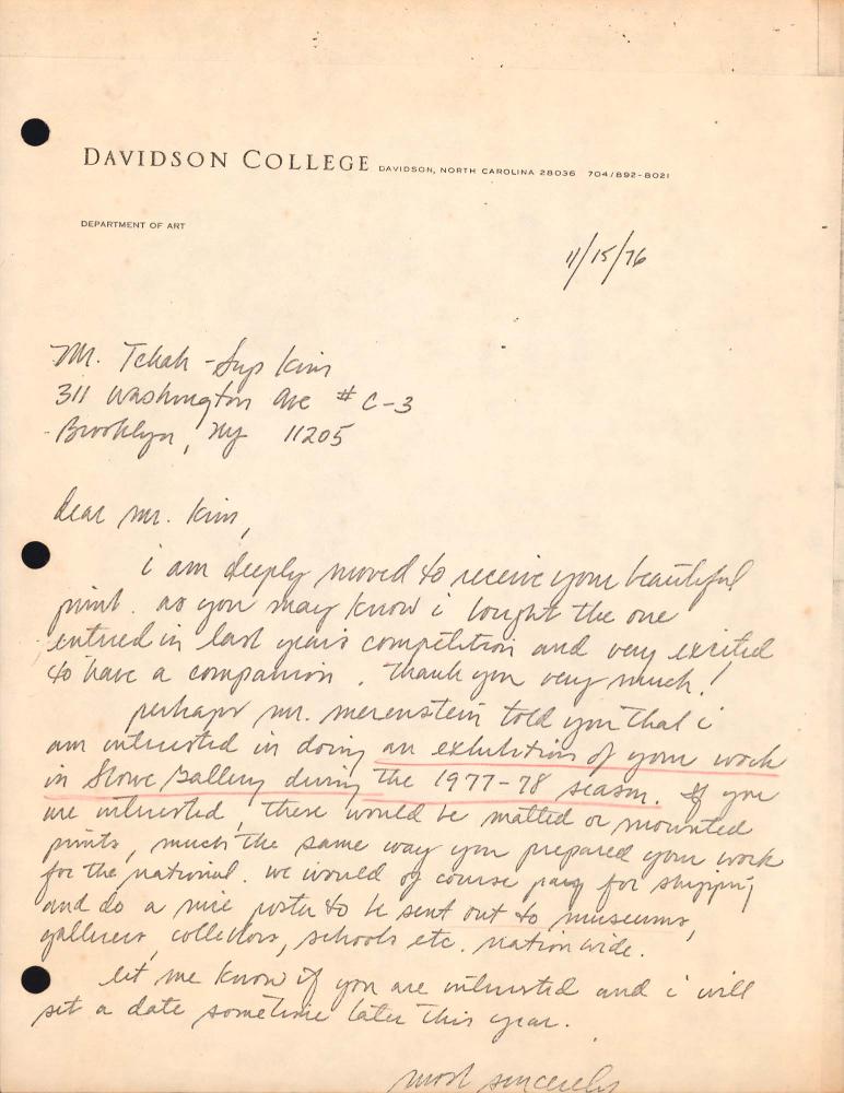 1976년 11월 15일 Davisdson College의 Will Jackson이 김차섭에게 보낸 서신 2