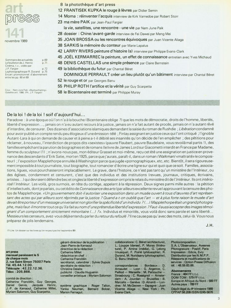 『art press』 141 novembre 1989 2