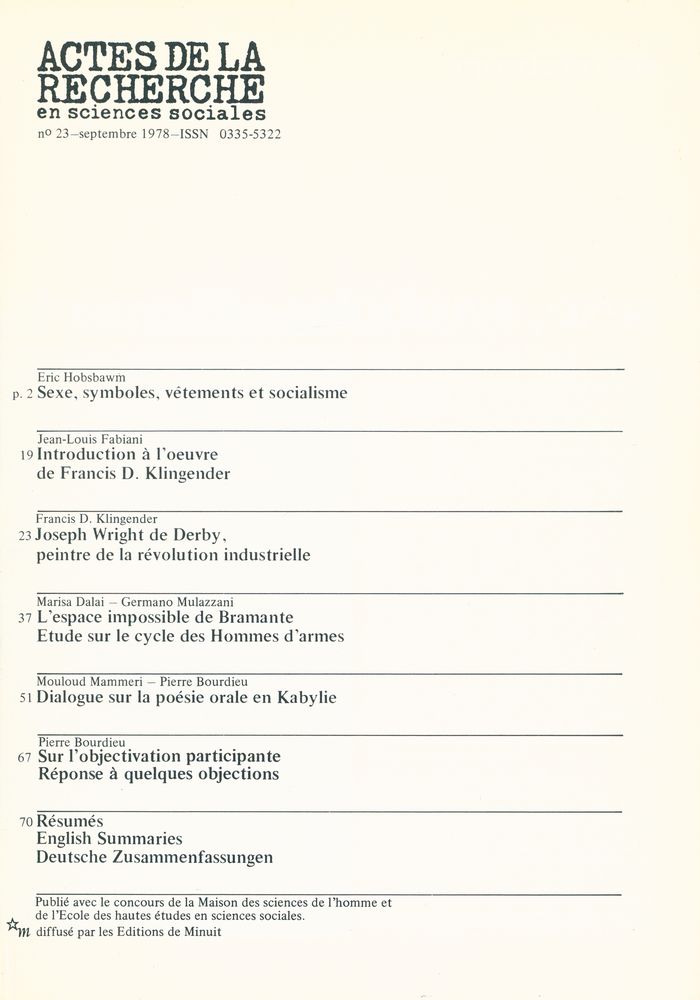 『ACTES DE LA RECHERCHE en sciences sociales』 nº23 septembre 1978 2