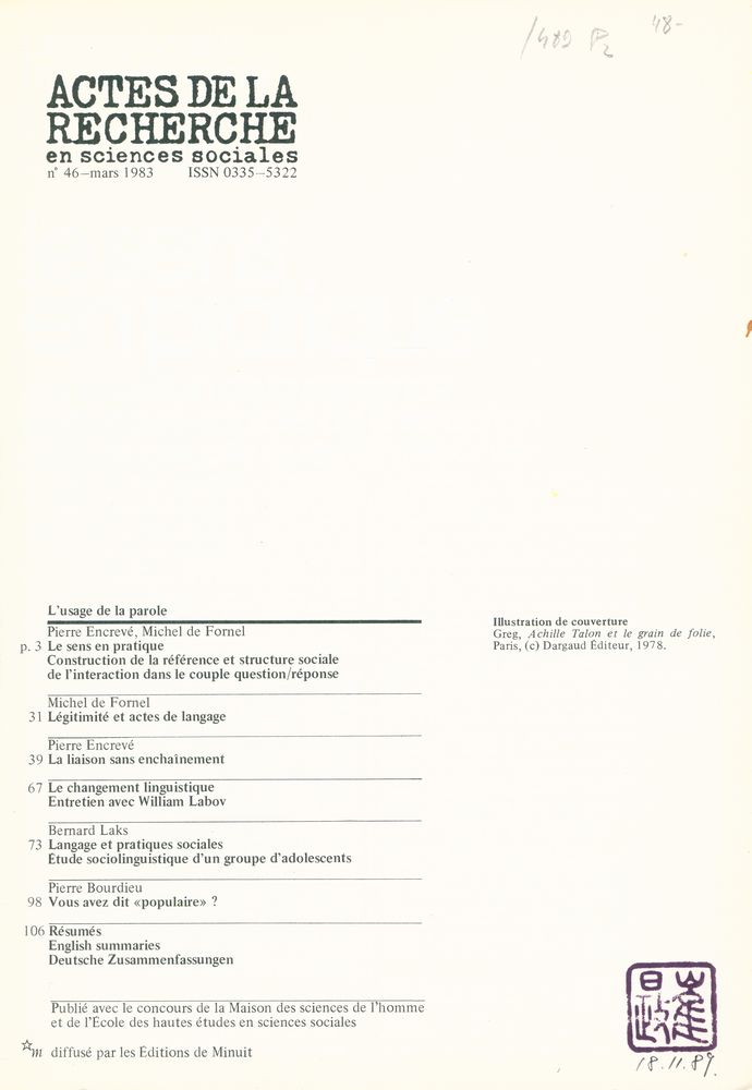 『ACTES DE LA RECHERCHE en sciences sociales』 nº 46 mars 1983 2