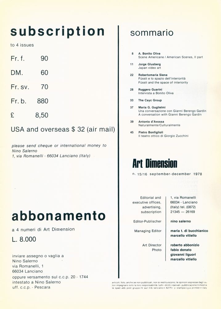 『Art Dimension』 n. 15/16 september - december 1978 2