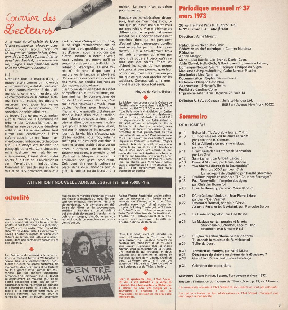 『CHRONIQUES DE l'art vivant』 n° 37 mars 1973 2