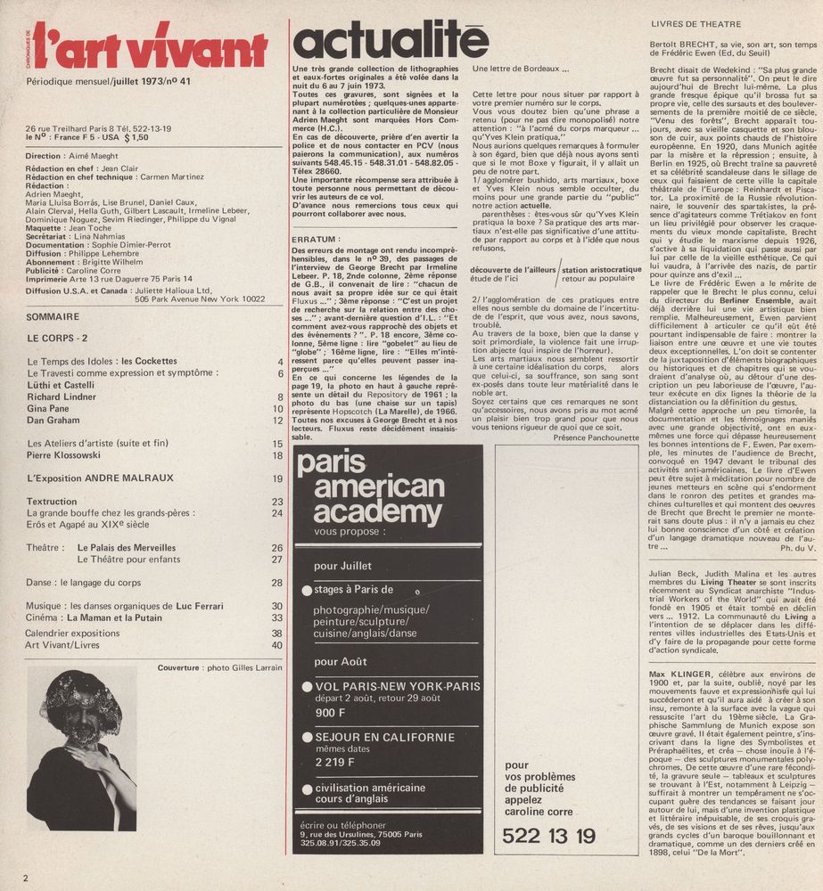 『CHRONIQUES DE l'art vivant』 juillet 1973 n° 41 2