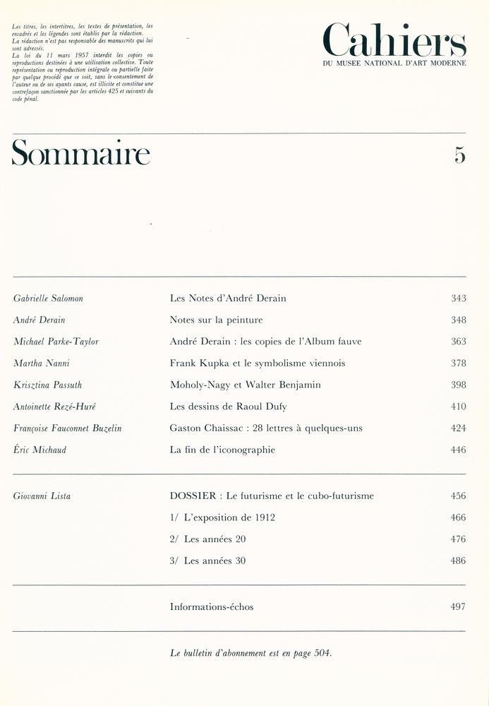 『Cahiers DU MUSEE NATIONAL D'ART MODERNE』 Volume 80, Number 5 2