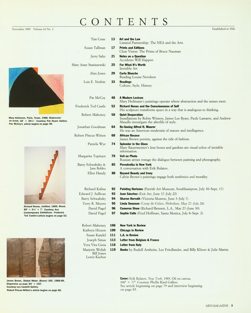 『ARTS MAGAZINE』 NOVEMBER 1989, Volume 64, No. 3 2