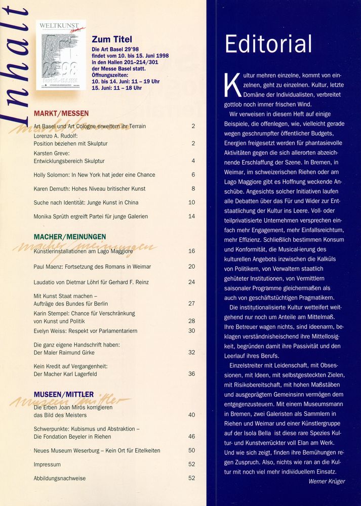 『WELTKUNST』 Mai 1998 2