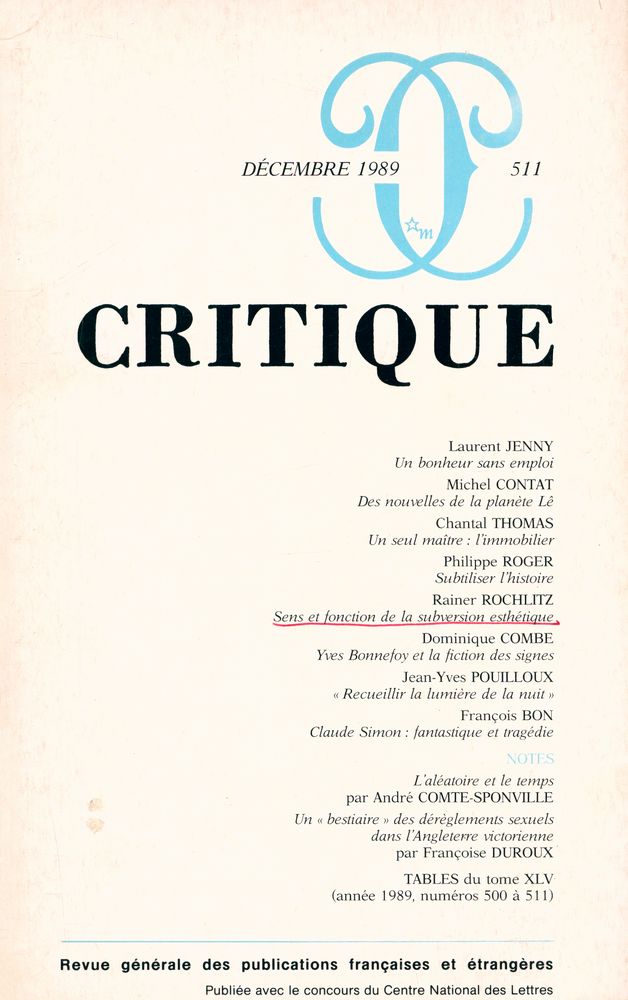 『CRITIQUE』 DÉCEMBRE 1989 511 1