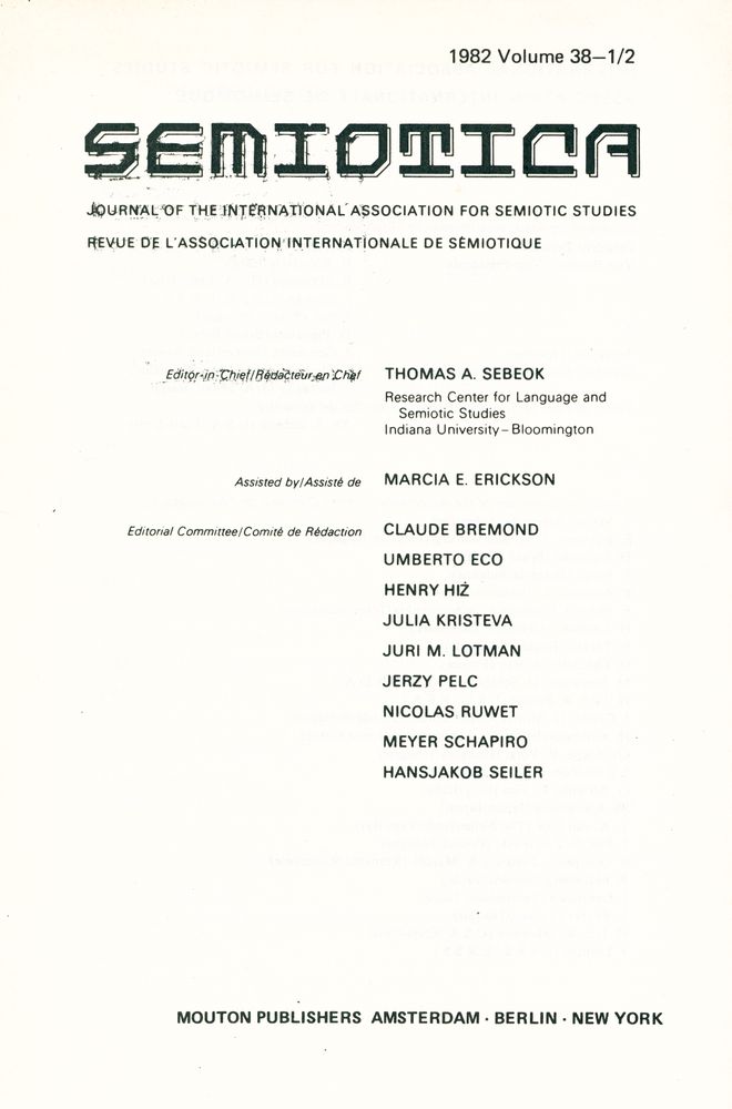 『SEMIOTICA』 1982 Volume 38 - 1/2 2