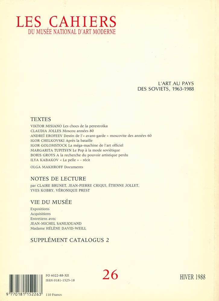 『Les cahiers du musée national d'art moderne』 26 HIVER 1988 3