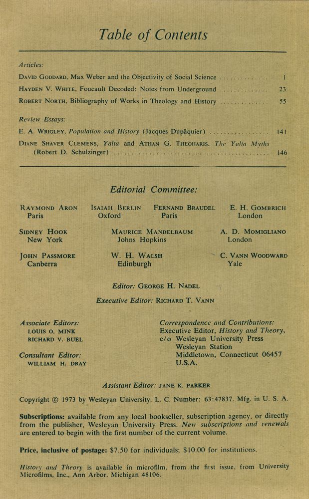 『History & Theory』 12, 1973(1 - 4) 2