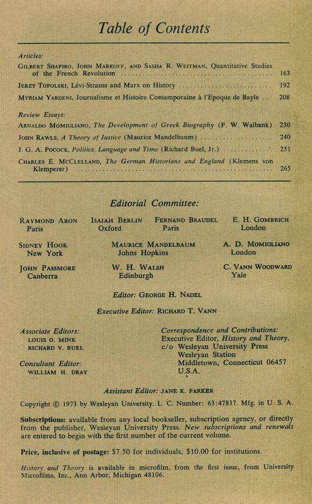 『History & Theory』 12, 1973(1 - 4) 4