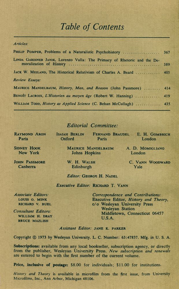 『History & Theory』 12, 1973(1 - 4) 8