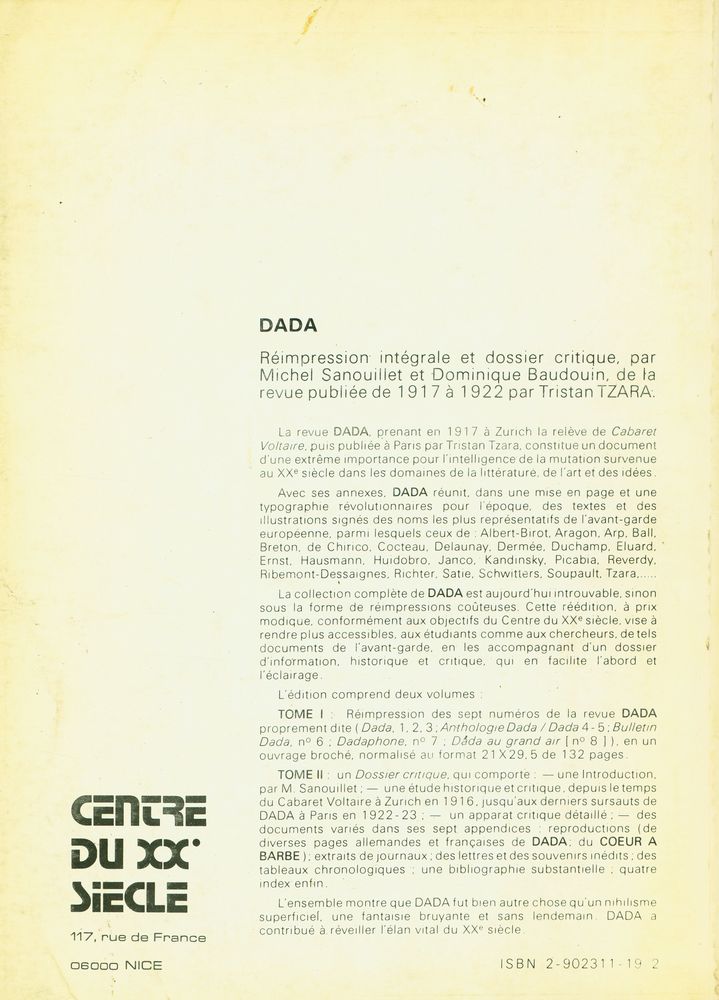 『DADA : Réimpression intégrale et dossier critique de la revue publiée de 1917 a 1922 par TRISTAN TZARA : TOME Ⅱ : Dossier critique』  6