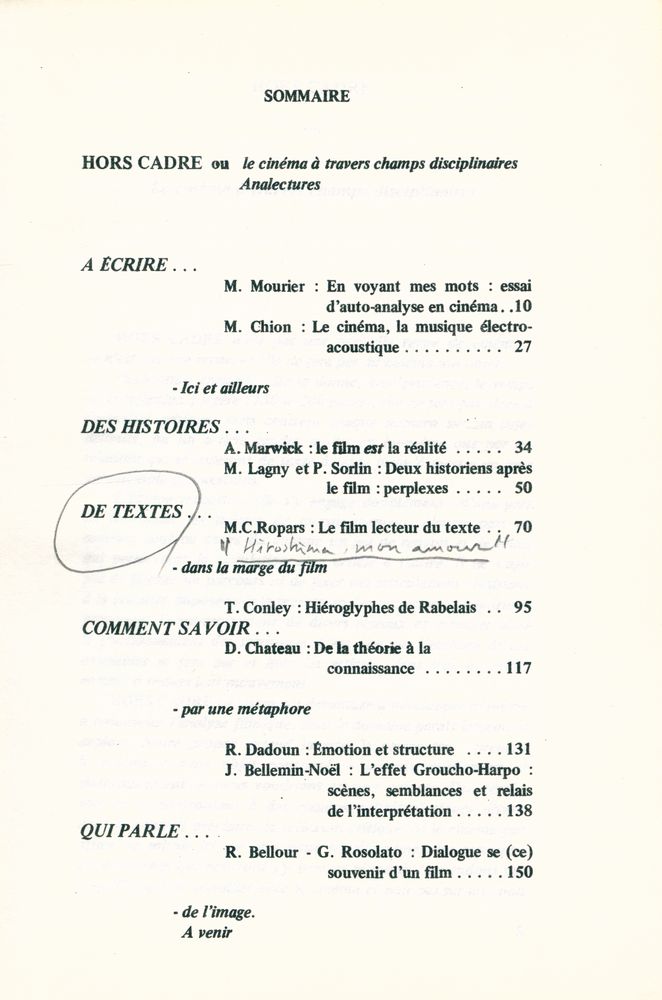『HORS CADRE Le cinéma à travers champs disciplinaires』, 1983 2
