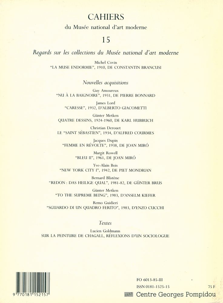 『CAHIERS du Musée national d'art moderne』 15 1985 3