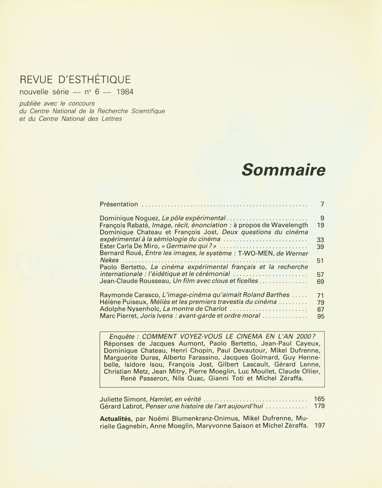 『REVUE D'ESTHÉTIQUE』 nouvelle série No. 6 1984 2